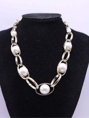 White House Black Market Gold-Tone Necklace with White Faux Pearl Accents